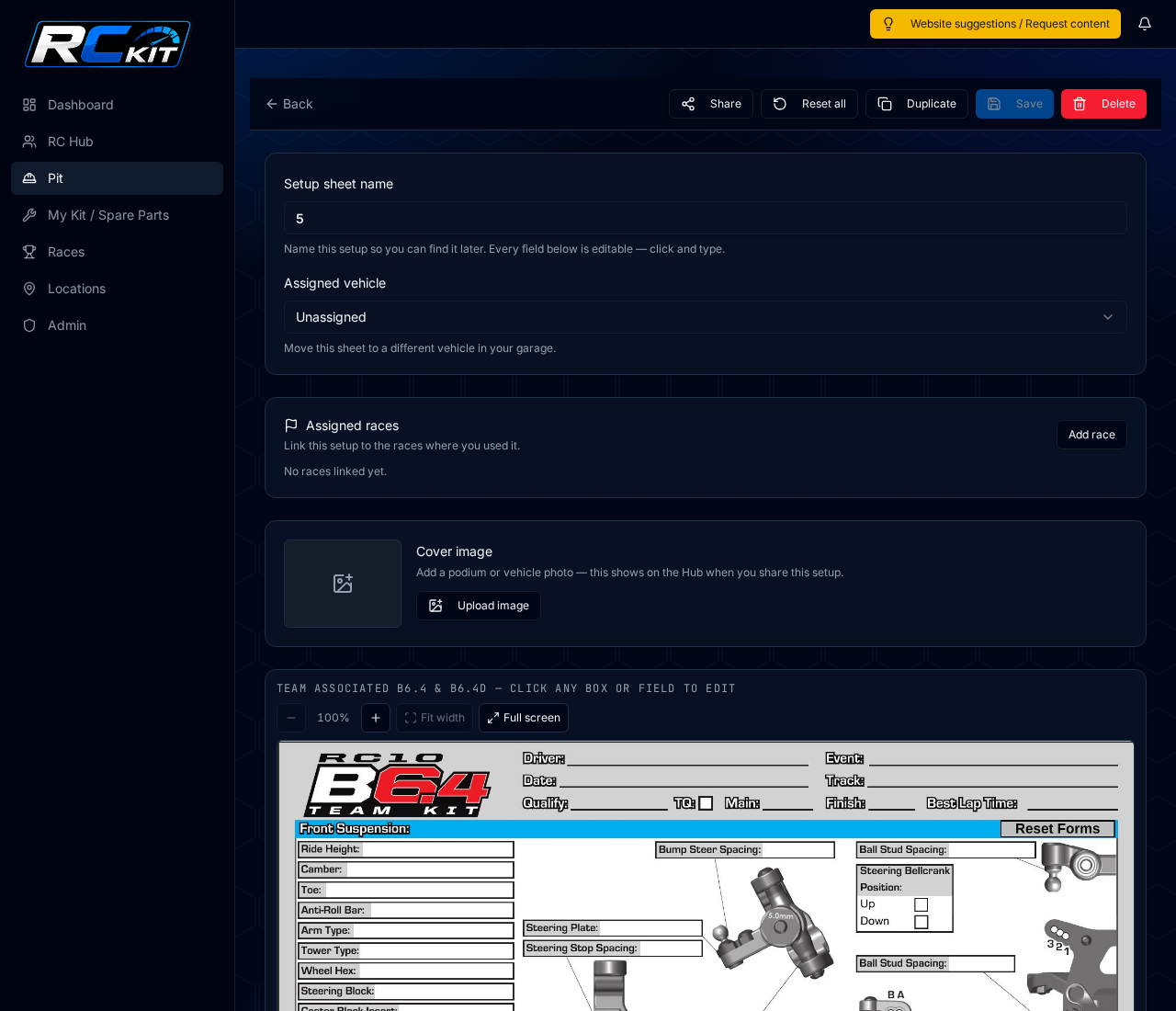 Setup sheets in RC Kit
